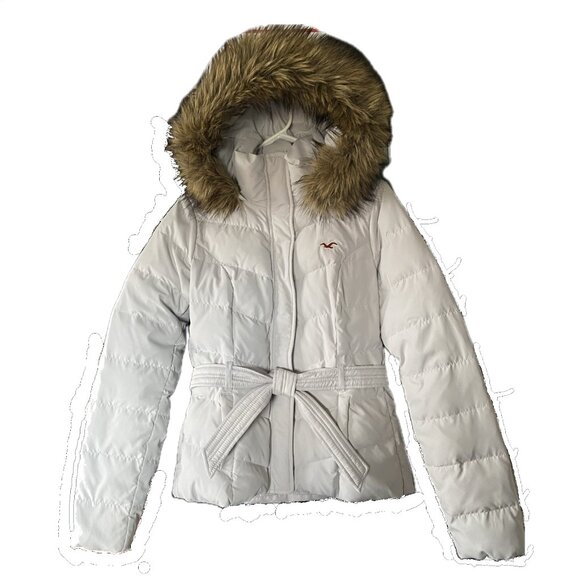 Hollister Quilted Jacket - Belted - Hooded - Size Small - Light Gray - Picture 6 of 11
